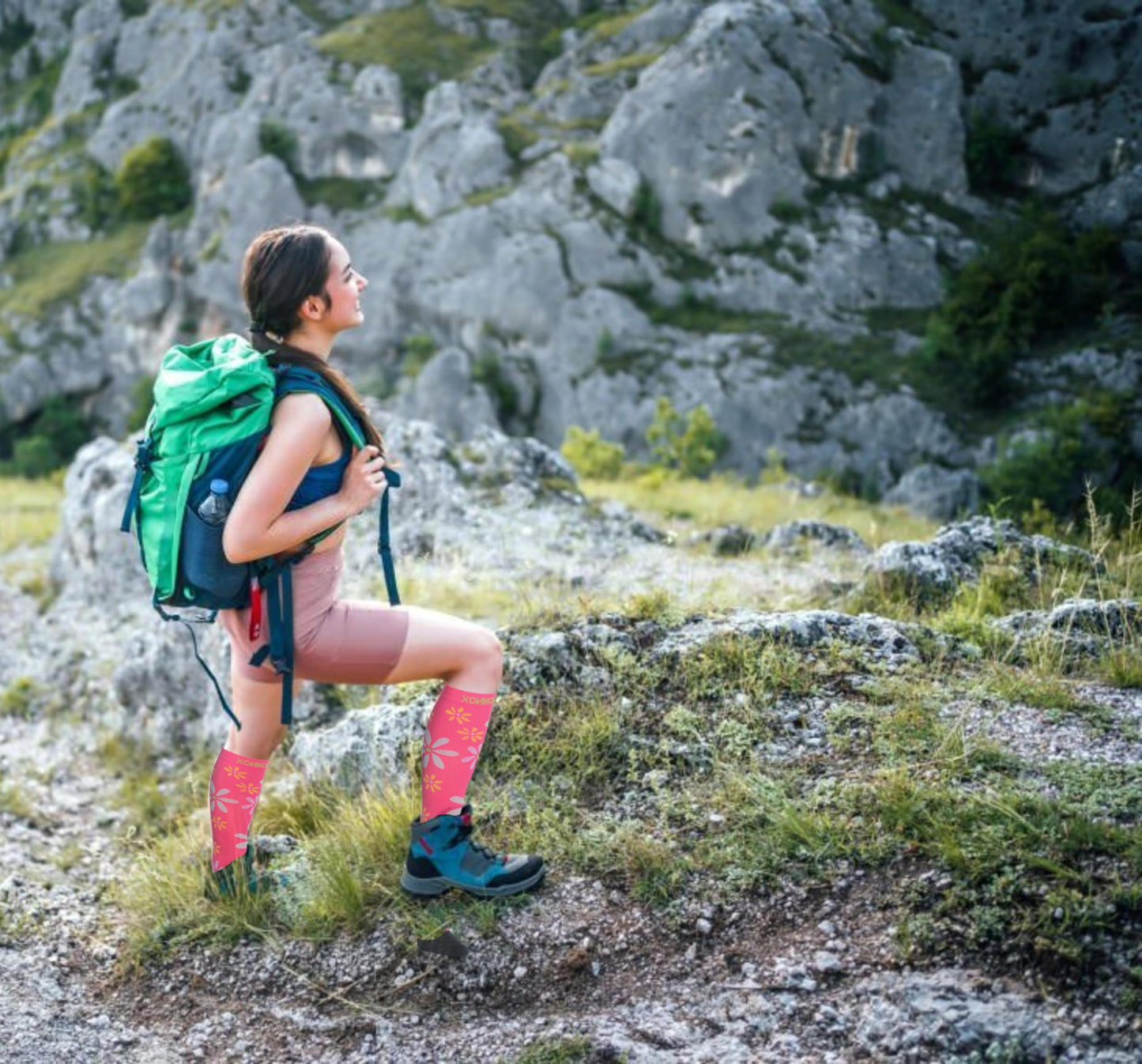 Pink Yellow & Blue Knee Compression Socks - 3 Pairs
