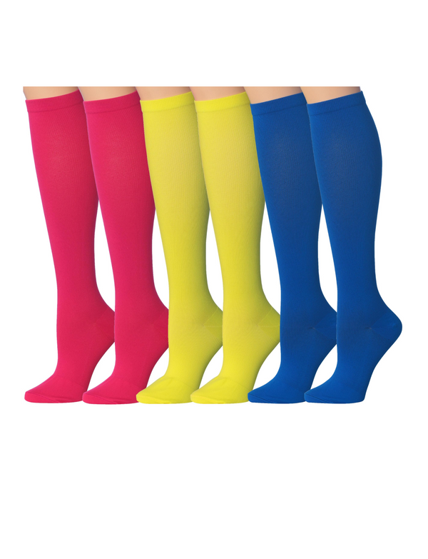 Pink Yellow & Blue Knee Compression Socks - 3 Pairs
