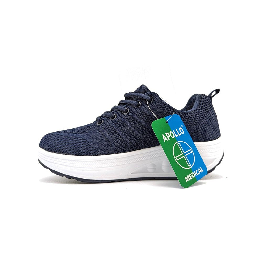 Navy blue athletic shoe with a green and blue Apollo Medical tag on a white background
